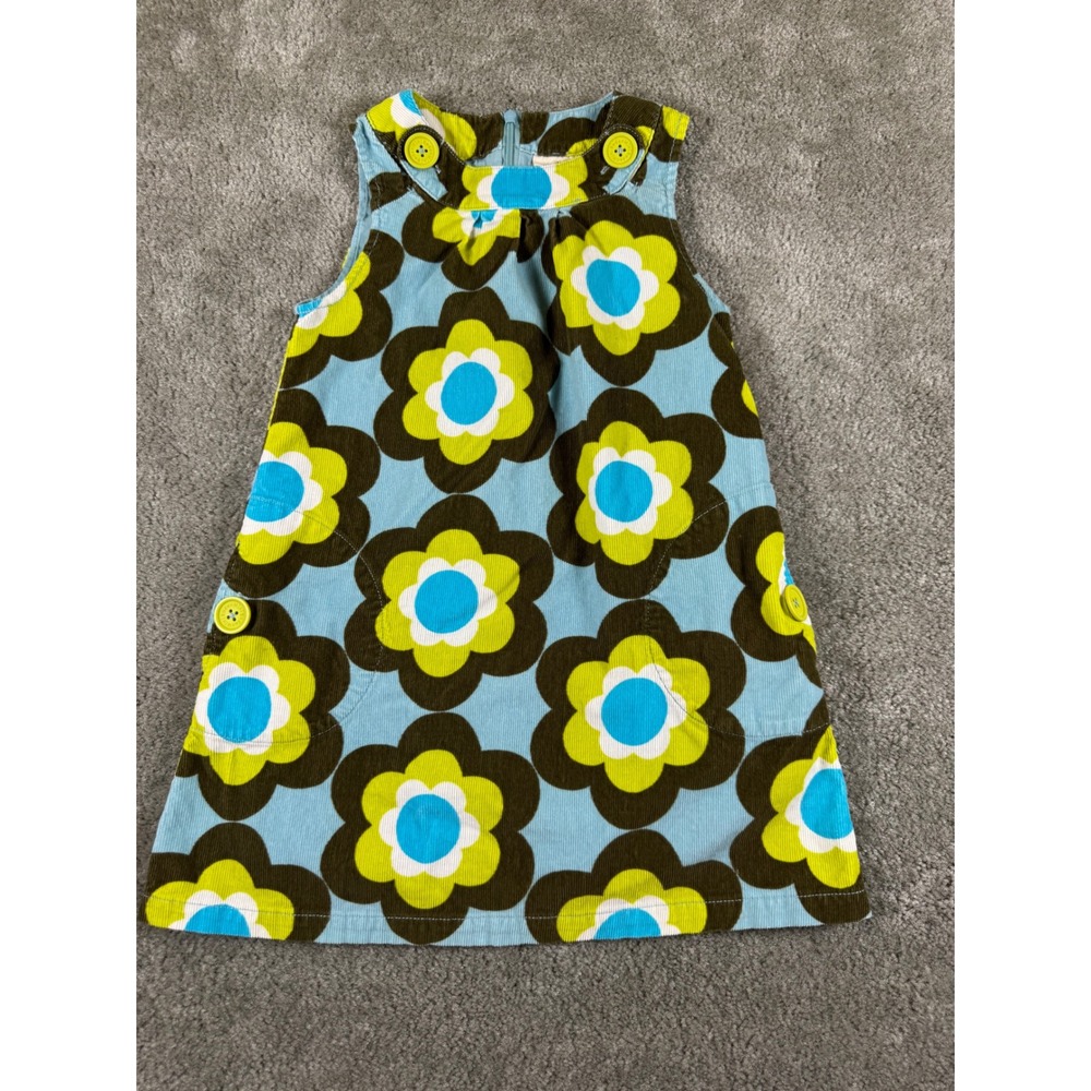 Boden Girls Blue Green Floral Corduroy Jumper Dress Retro A-Line 33102 Size 6Y